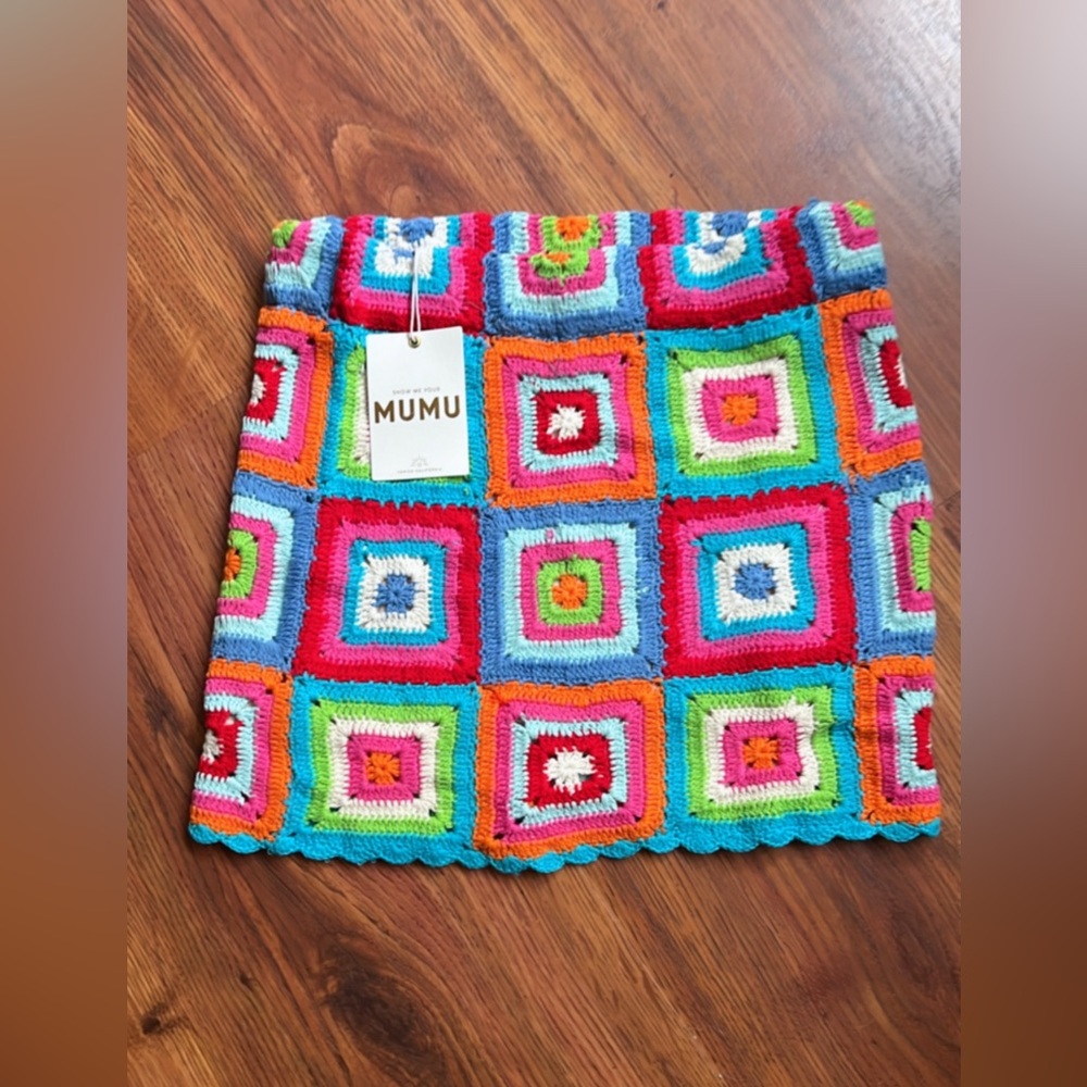 NWT Show Me Your MuMu Rainbow Crochet Granny Square Mini Skirt Festival - Picture 3 of 4